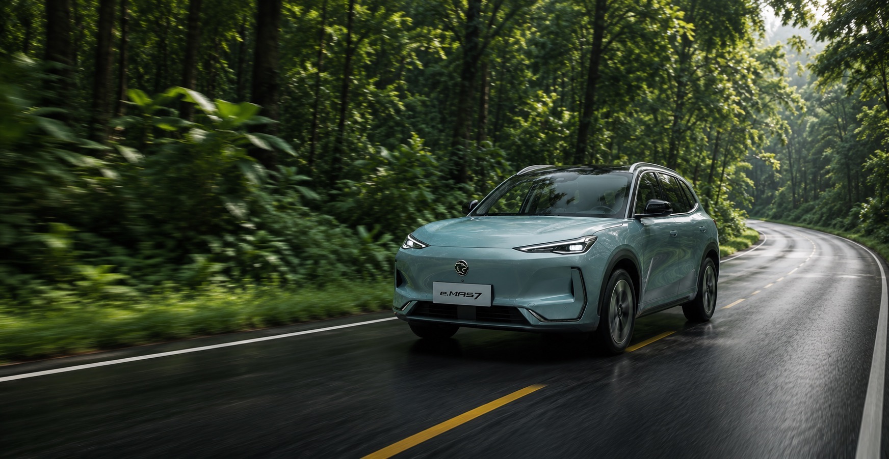 Proton e.MAS 7 driving through a green forest road